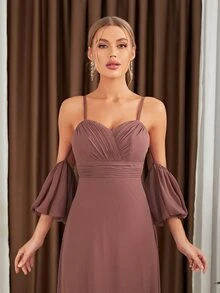 Cold Shoulder Ruched Bustier Chiffon Bridesmaid Dress - Dusty Pink - View 5