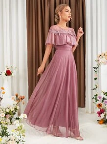 網紗拼接荷葉邊貼花金屬亮絲伴娘連衣裙