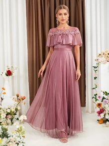 網紗拼接荷葉邊貼花金屬亮絲伴娘連衣裙