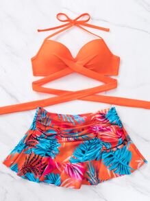 Plant Print Wrap Halter Skort Summer Beach Bikini Set - Multicolor - View 3