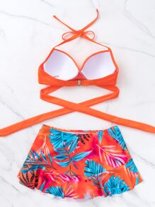 Plant Print Wrap Halter Skort Summer Beach Bikini Set - Multicolor - View 4
