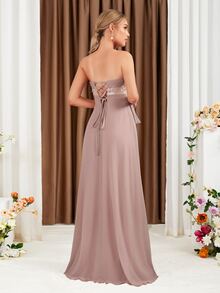 Floral Embroidery Ruffle Trim Chiffon Bridesmaid Dress - Dusty Pink - View 2