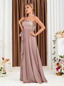 Floral Embroidery Ruffle Trim Chiffon Bridesmaid Dress - Dusty Pink - View 3