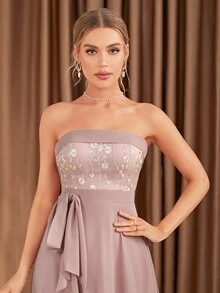 Floral Embroidery Ruffle Trim Chiffon Bridesmaid Dress - Dusty Pink - View 5