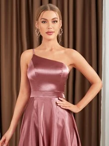 單肩鬱金香下擺伴娘連衣裙 - 粉色 - 查看 3