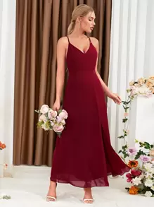 素色高衩吊帶裙伴娘禮服 - 酒紅色 - 查看 1