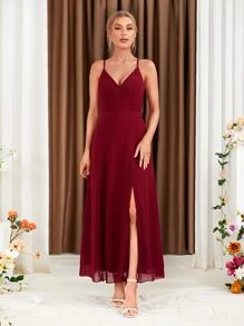 素色高衩吊帶裙伴娘禮服 - 酒紅色 - 查看 5