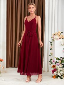 素色高衩吊帶裙伴娘禮服 - 酒紅色 - 查看 6