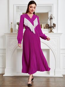 Modelyn Fringe Trim Pleated Hem Overlap Collar Dress - Red Violet - View 1