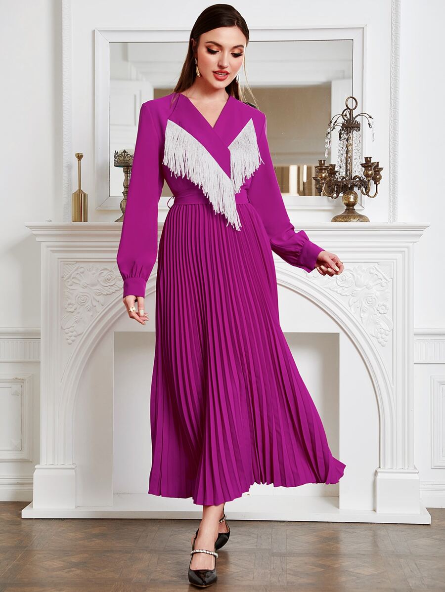 Modelyn Fringe Trim Pleated Hem Overlap Collar Dress - Red Violet - View 1