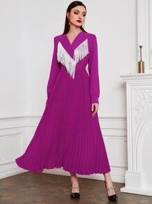 Modelyn Fringe Trim Pleated Hem Overlap Collar Dress - Red Violet - View 3