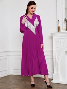 Modelyn Fringe Trim Pleated Hem Overlap Collar Dress - Red Violet - View 5