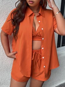 Flirla Bộ thời trang Plus Size Thắt nút Nút phía trước màu trơn Giải trí - Màu Cam cháy - Xem 1