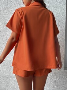 Flirla Bộ thời trang Plus Size Thắt nút Nút phía trước màu trơn Giải trí - Màu Cam cháy - Xem 2