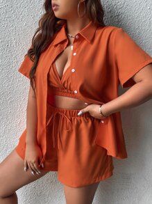 Flirla Bộ thời trang Plus Size Thắt nút Nút phía trước màu trơn Giải trí - Màu Cam cháy - Xem 5