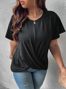 SHEIN LUNE Plus Twist Hem Tee - Black - View 3