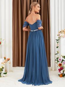 Party Off Shoulder Mesh Hem Bridesmaid Dress - Blue - View 2