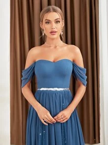 Party Off Shoulder Mesh Hem Bridesmaid Dress - Blue - View 5
