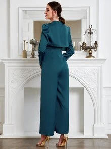 Modelyn Wide Leg Slip Jumpsuit With Gigot Sleeve Crop Jacket - Teal Blue - View 2