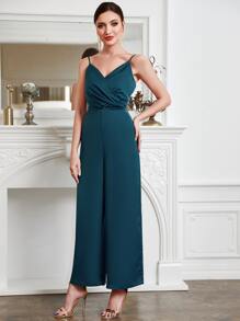 Modelyn Wide Leg Slip Jumpsuit With Gigot Sleeve Crop Jacket - Teal Blue - View 3