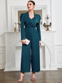 Modelyn Wide Leg Slip Jumpsuit With Gigot Sleeve Crop Jacket - Teal Blue - View 4