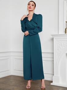 Modelyn Wide Leg Slip Jumpsuit With Gigot Sleeve Crop Jacket - Teal Blue - View 6