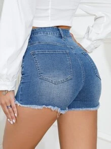 SHEIN Essnce 破洞毛邊牛仔短褲 - 中等水洗藍 - 查看 2