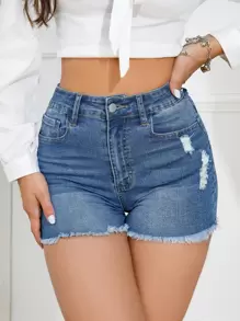 SHEIN Essnce 破洞毛邊牛仔短褲 - 中等水洗藍 - 查看 5