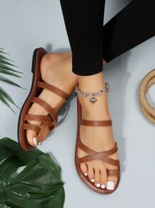女士交叉帶丁字褲時尚素色戶外腳趾環設計T字帶涼鞋 - 棕色 - 查看 2