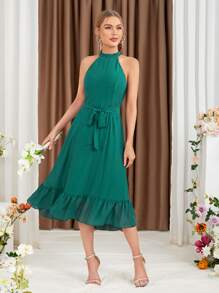 SHEIN Belle Ruffle Hem Belted Halter Bridesmaid Dress - Green - View 1