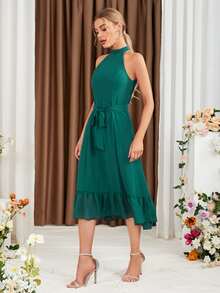 SHEIN Belle Ruffle Hem Belted Halter Bridesmaid Dress - Green - View 3