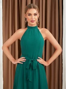 SHEIN Belle Ruffle Hem Belted Halter Bridesmaid Dress - Green - View 4
