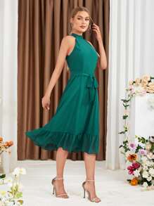 SHEIN Belle Ruffle Hem Belted Halter Bridesmaid Dress - Green - View 5