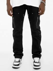 Manfinity 男士拉鏈細節腰部抽繩長褲 - 黑色 - 查看 3