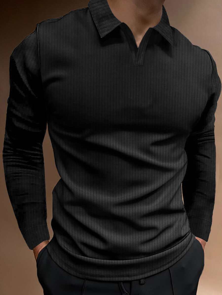 Manfinity Homme Men Solid Ribbed Knit Casual Work Long Sleeve Polo Shirt, Boyfriend Gift