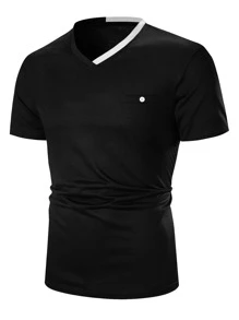 Manfinity Homme Hombres Camiseta ribete en contraste de cuello V - Negro - Ver 3