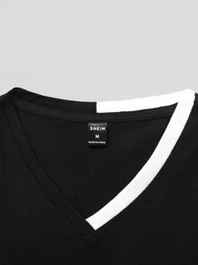 Manfinity Homme Hombres Camiseta ribete en contraste de cuello V - Negro - Ver 5