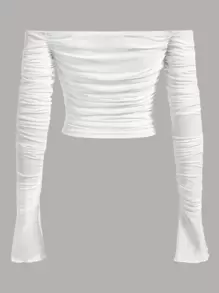 SHEIN ICON Off The Shoulder Flounce Sleeve Ruched Mesh Top Without Cami Top - White - View 2