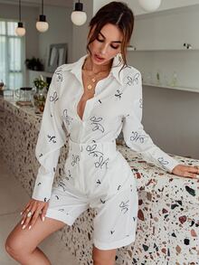 Glamaker Graphic Print Button Front Shirt & Shorts - White - View 5