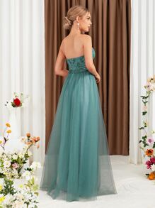 Contrast Mesh Tube Bridesmaid Dress - Cadet Blue - View 2