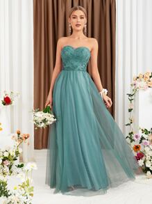 Contrast Mesh Tube Bridesmaid Dress - Cadet Blue - View 4