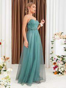 Contrast Mesh Tube Bridesmaid Dress - Cadet Blue - View 6
