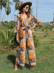 SHEIN VCAY Patchwork Print Belted Wide Leg Jumpsuit