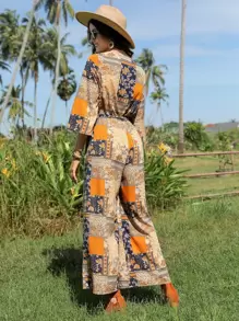 SHEIN VCAY Patchwork Print Belted Wide Leg Jumpsuit