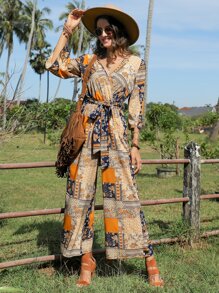 SHEIN VCAY Patchwork Print Belted Wide Leg Jumpsuit