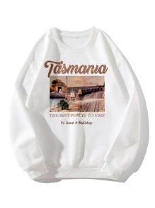 SHEIN EZwear Slogan & Train Print Thermal Pullover - White - View 1