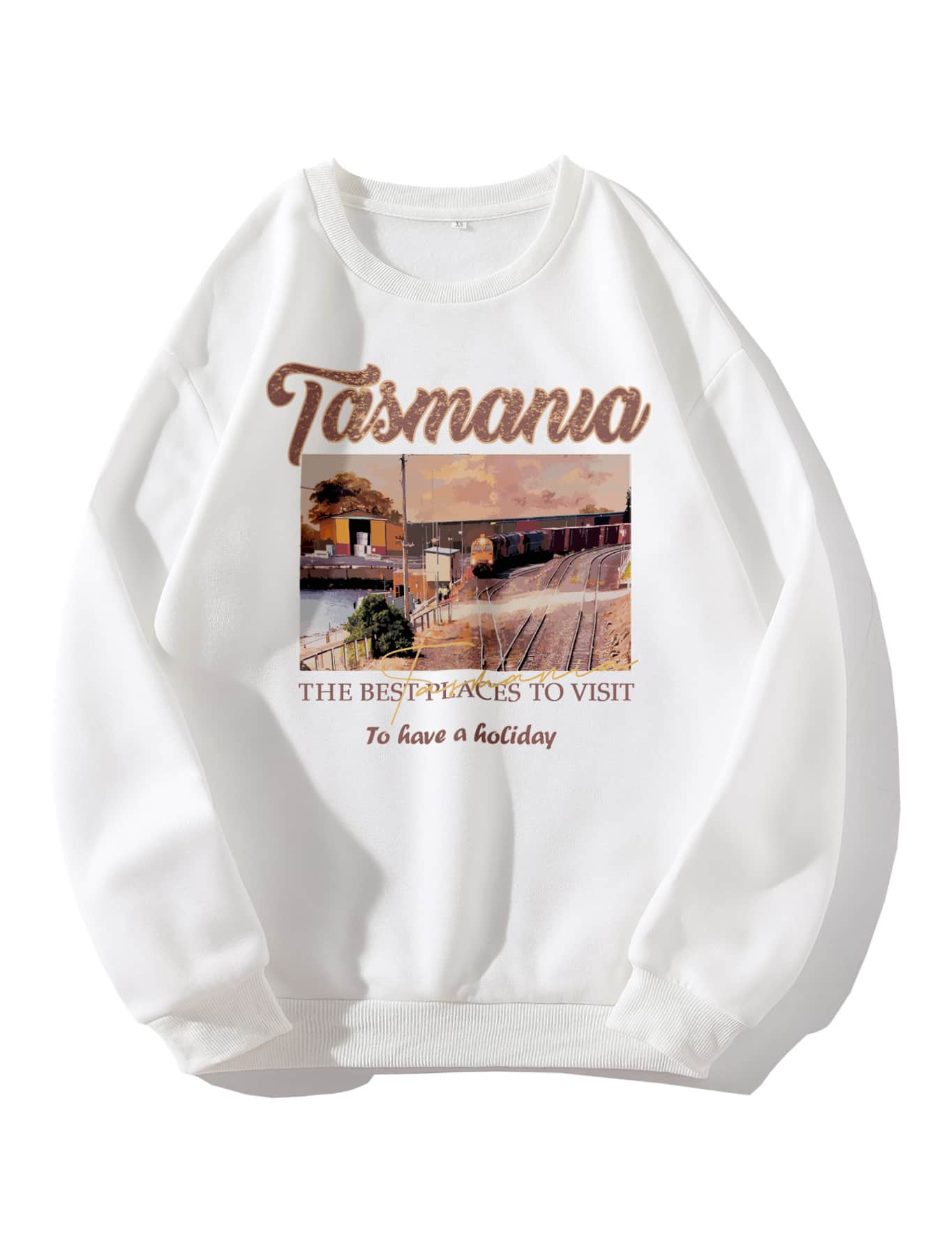 SHEIN EZwear Slogan & Train Print Thermal Pullover - White - View 1