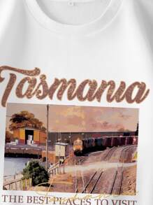 SHEIN EZwear Slogan & Train Print Thermal Pullover - White - View 4