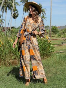 SHEIN VCAY Patchwork Print Belted Wide Leg Jumpsuit