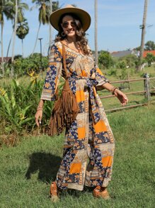 SHEIN VCAY Patchwork Print Belted Wide Leg Jumpsuit